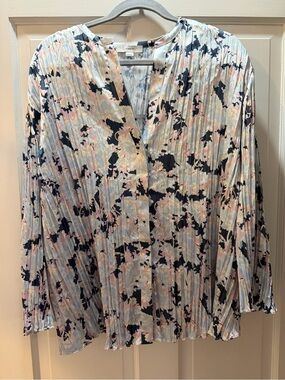 NWT Vince Deco Floral Pleated Blouse 1X Lazuli Silky